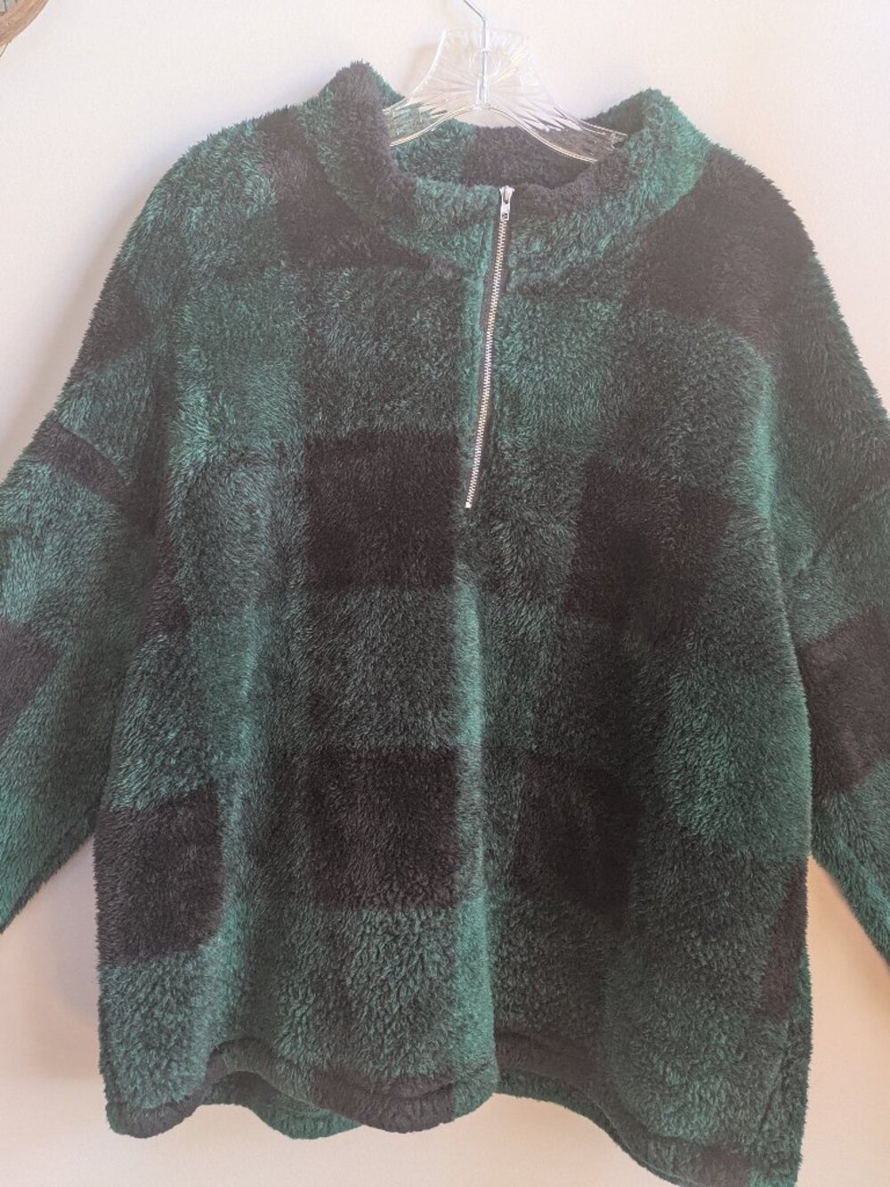 coeur de vague woman green black plaid 1/4 zip pullover fleece size xxl #578
